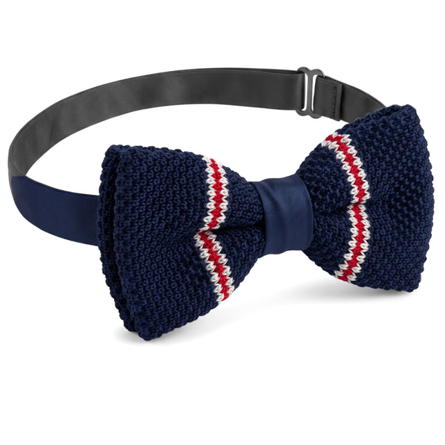 Noeud Papillon Tricot Bleu Marine à Rayure Blanche et Rouge