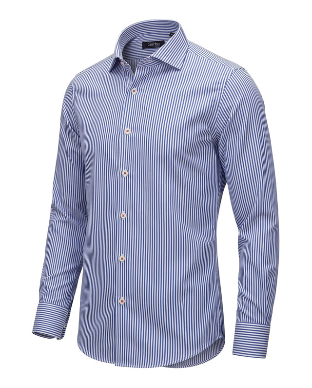 CHEMISE COL ITALIEN À RAYURES BATÔNS BLEU MARINE