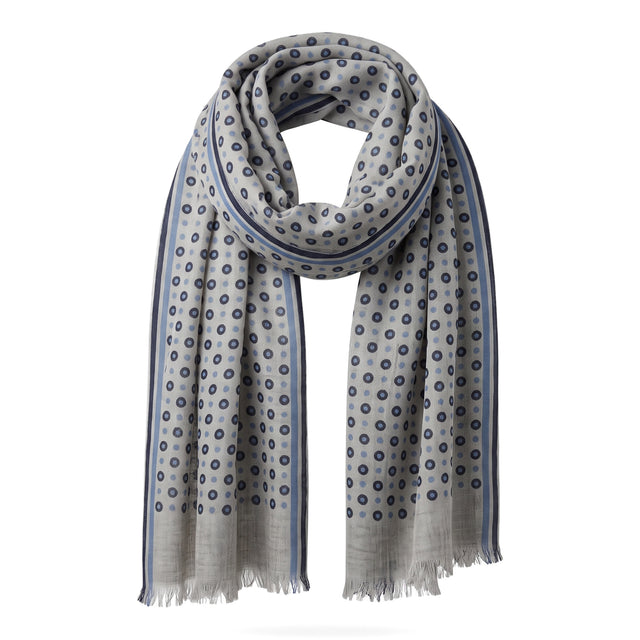 Echarpe Fine Grise en Laine à Motifs Rond Bleu Marine et Bleu Ciel