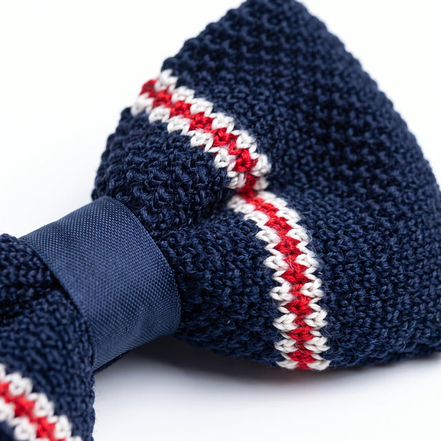 Noeud Papillon Tricot Bleu Marine à Rayure Blanche et Rouge