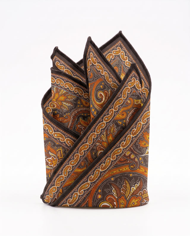 Pochette en Soie marron Fantaisie à Motifs Cachemire Orange et Jaune contour Marron
