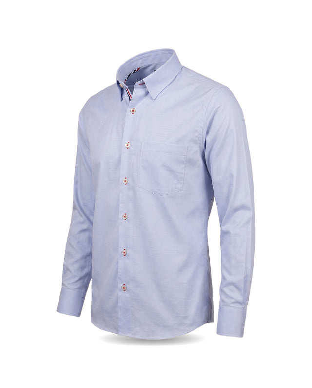 CHEMISE CORFOU EN OXFORD BLEU CIEL AVEC GANSE BLEU BLANC ROUGE