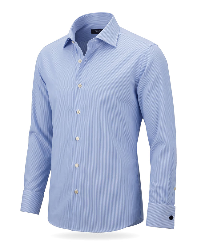 CHEMISE COL ITALIEN BLEU À FINES RAYURES BLANCHE POIGNETS MOUSQUETAIRE