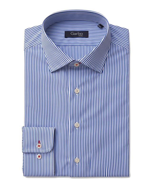 CHEMISE COL ITALIEN À RAYURES BATÔNS BLEU MARINE