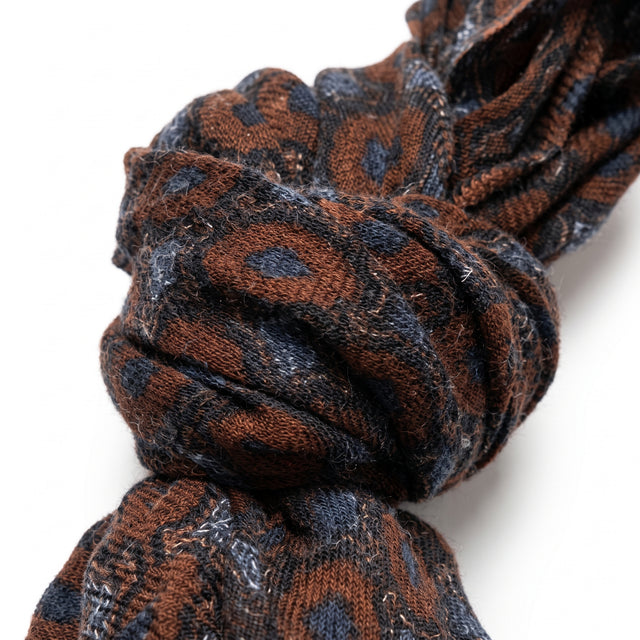Echarpe Fine Marron en Laine à Motifs Blanc et Bleu Marine et Bordures Bleu Marine