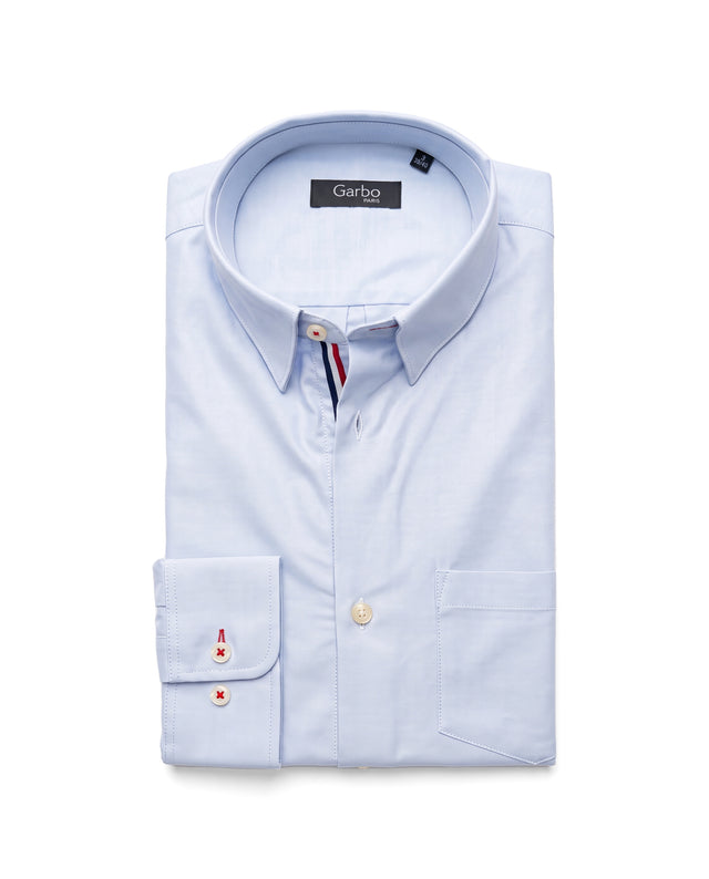 CHEMISE CORFOU EN OXFORD BLEU CIEL AVEC GANSE BLEU BLANC ROUGE