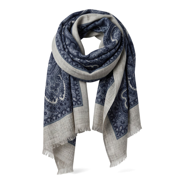 Echarpe Fine Grise Clair en Laine à Motifs Cachemire Bleu / Bleu Marine Contour Grise
