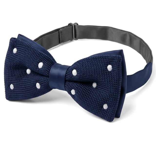 Noeud Papillon Tricot Bleu Marine à Pois Blanc