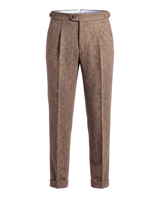 Pantalon à Pinces "Ajax" en Piqué de Flanelle Marron Clair en Laine Mélangée