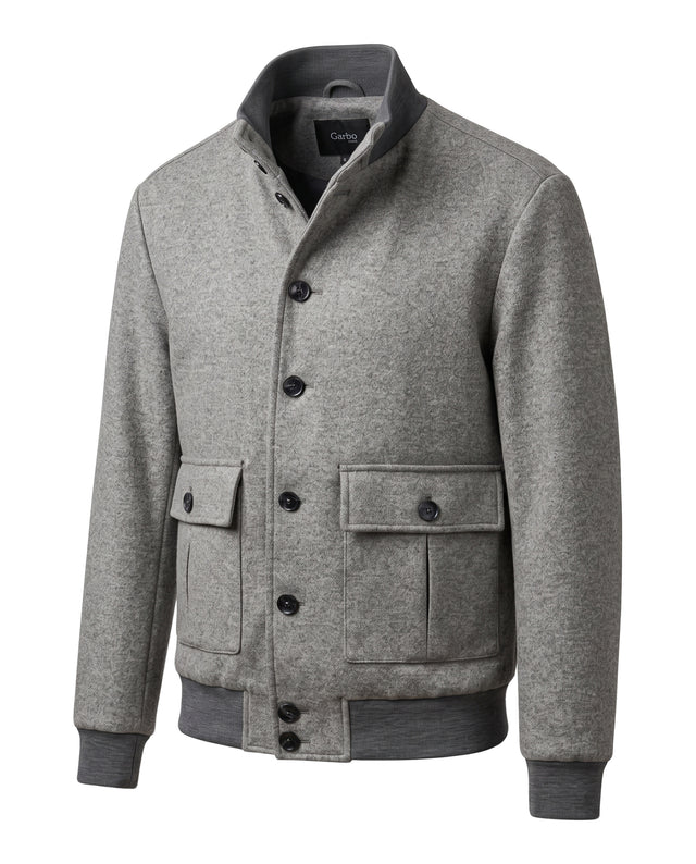 BLOUSON TEDDY EN LAINE MÉLANGÉ ET CACHEMIRE GRIS ET BORD CÔTE GRIS FONCÉ