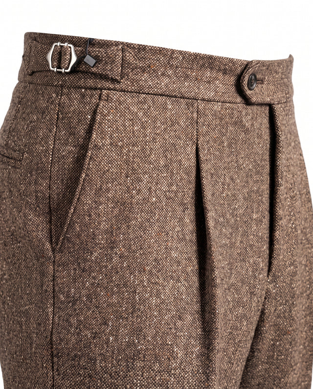 Pantalon à Pinces "Ajax" en Piqué de Flanelle Marron Clair en Laine Mélangée