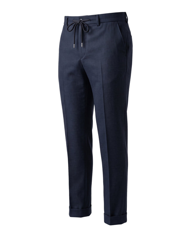 Pantalon "Ménélas" à Lacet amovible en Laine à Micro Pied de Poule Bleu Marine