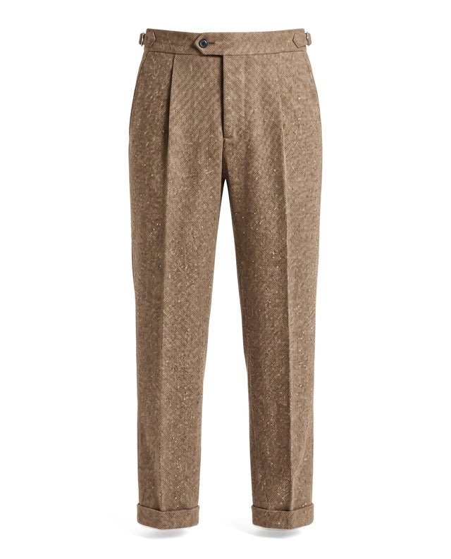 Pantalon à Pinces "Ajax" en Piqué de Flanelle Marron Clair en Laine Mélangée
