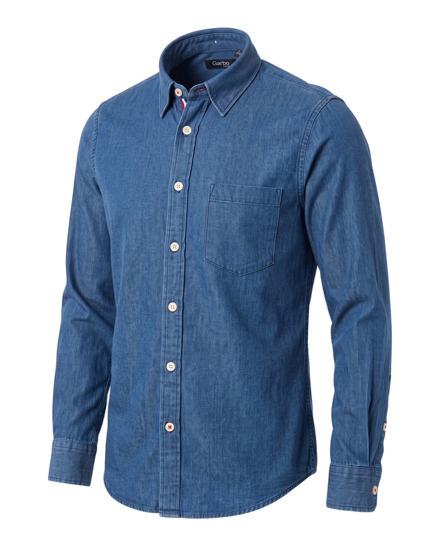 CHEMISE CORFOU EN JEANS CHAMBRAY FONCÉ AVEC GANSE BLEU BLANC ROUGE