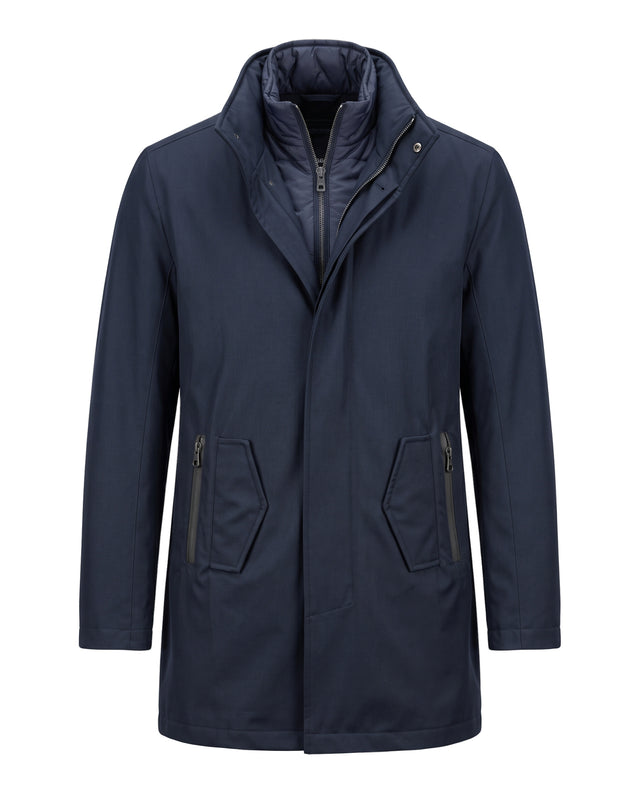 PARKA TECHNIQUE BLEU MARINE AVEC CAPUCHE AMOVIBLE SOUS ZIPPE AU COL