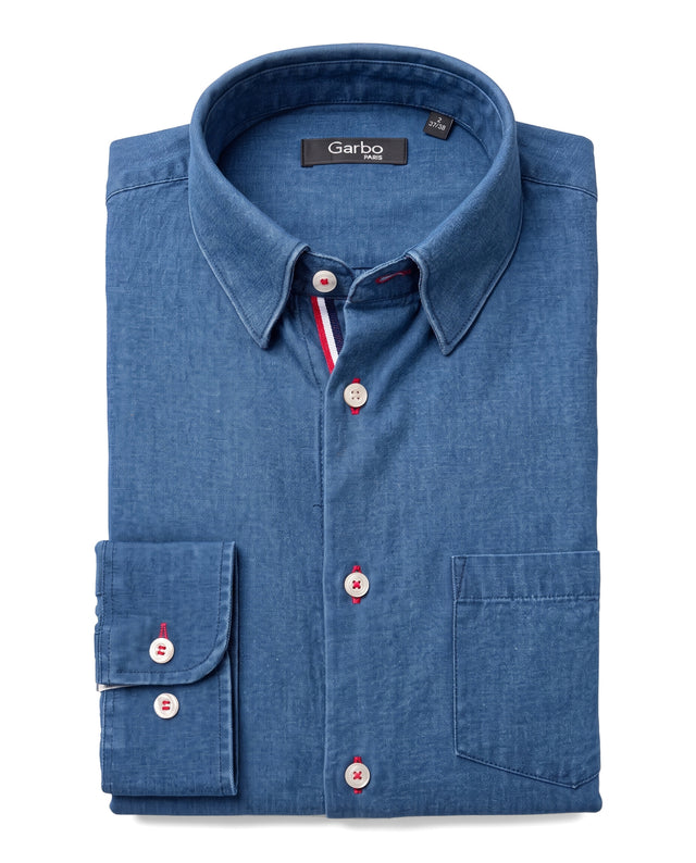 CHEMISE CORFOU EN JEANS CHAMBRAY FONCÉ AVEC GANSE BLEU BLANC ROUGE