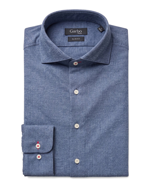 Chemise Col Nouveau "Cutaway" en Flanelle à Chevrons Bleu