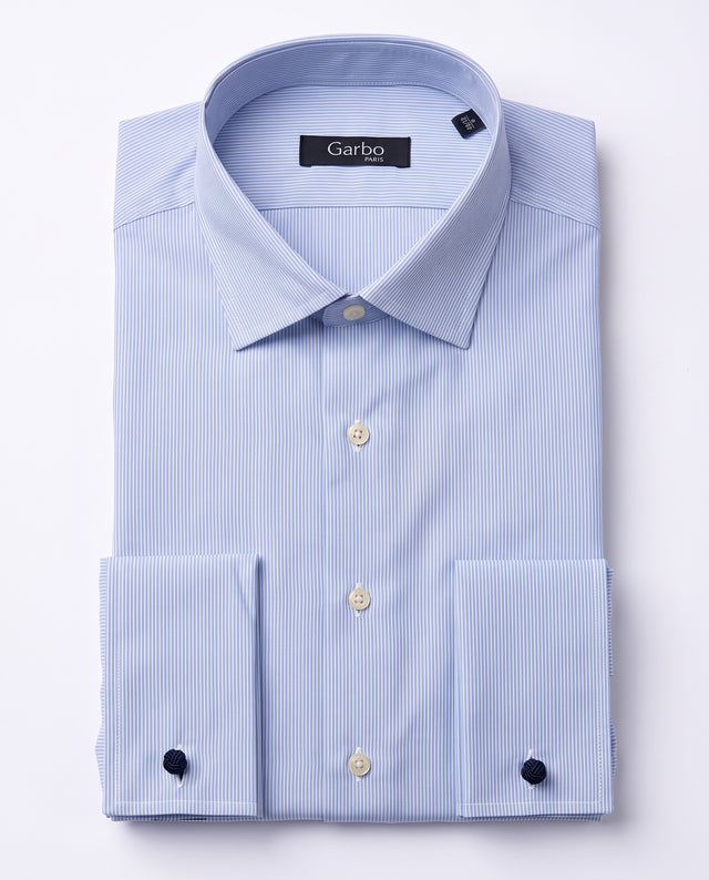 CHEMISE COL ITALIEN BLEU À FINES RAYURES BLANCHE POIGNETS MOUSQUETAIRE