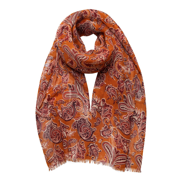 Echarpe Fine Orange en Laine avec Cachemire imprimés Bordeaux Beige et Orange Foncé