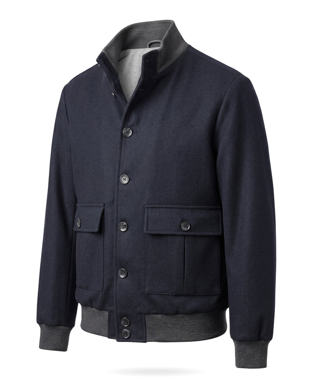 BLOUSON TEDDY EN LAINE MÉLANGÉ ET CACHEMIRE BLEU MARINE ET BORD CÔTE GRIS FONCÉ