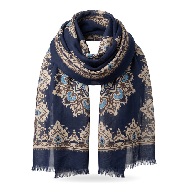 Echarpe Fine Bleu Marine en Laine à Motifs Cachemire Beige contour Bleu Marine