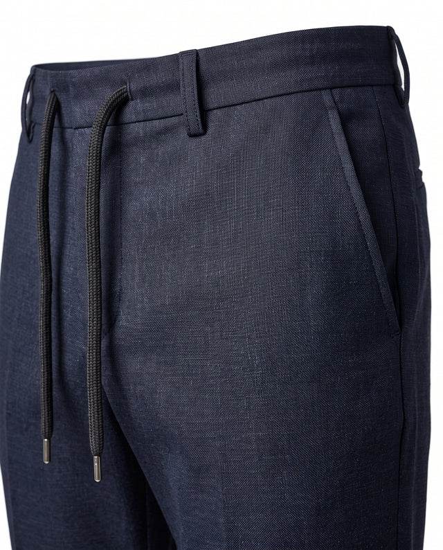 Pantalon "Ménélas" à Lacet amovible en Laine à Micro Pied de Poule Bleu Marine
