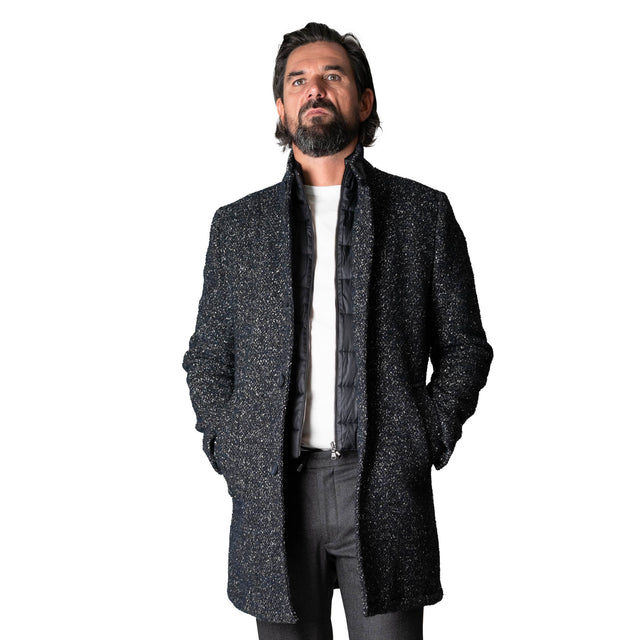Manteau "Raspail" Bleu Marine en Tweed Chiné Bleu Fort et Blanc avec Plastron intérieur amovible