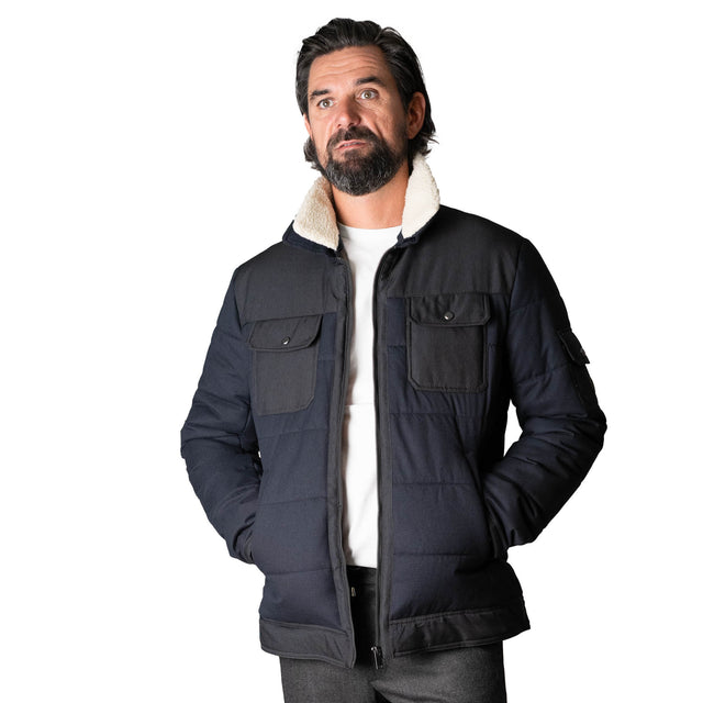 Blouson Technique "Verbier" Bleu Marine Matelassé avec Col Fourrure Amovible