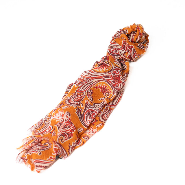 Echarpe Fine Orange en Laine avec Cachemire imprimés Bordeaux Beige et Orange Foncé