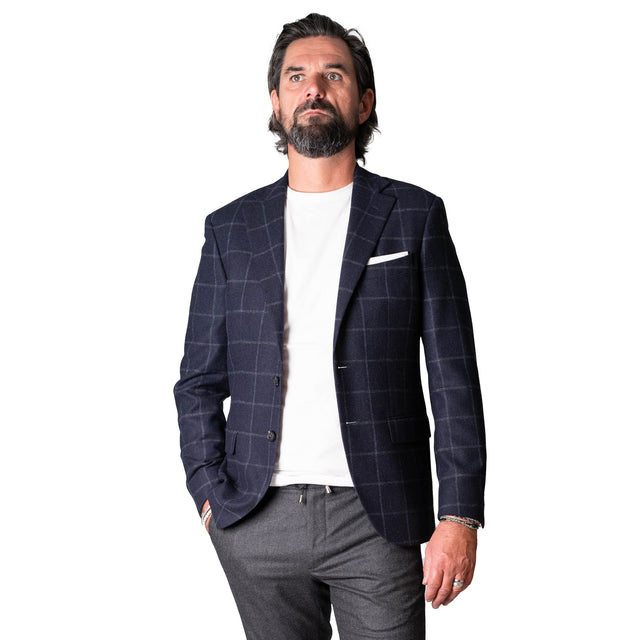 Veste "Riga" Bleu Marine à Carreaux Grise et Ciel Bottoli
