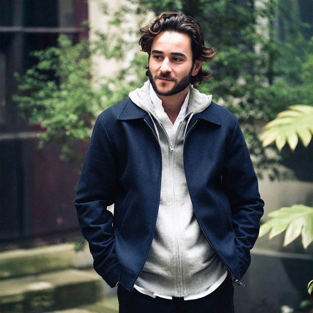 Blouson Teddy "Jimmy" Bleu Marine Col Chemise à Bords Côtes