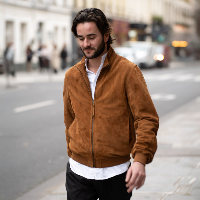 Blouson "Alain" en Cuir Camel à Bords Côtes aux Poignets et Bas de Blouson