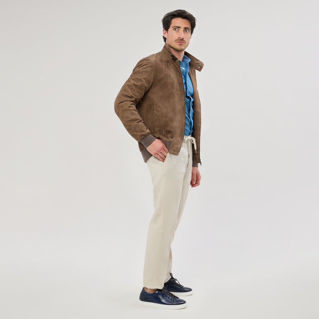 Blouson "Casadelmar" en Chèvre Agneau Taupe Col Montant et Bord Côte