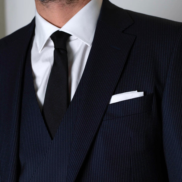 Costume "Corleone" en Flanelle Bleu Marine à Très Fines rayures Craie Vitale Barberis Canonico