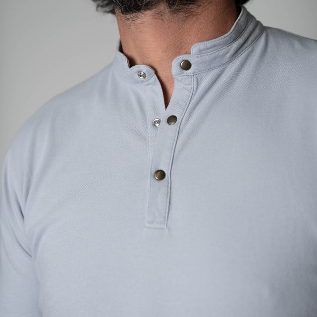Polo "Côte d'Azur" Gris Clair Piqué à Pressions avec Col Tunisien