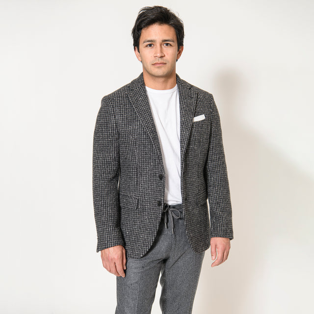 Veste "Dino" en Laine à Pied de Poule Grise et Noir