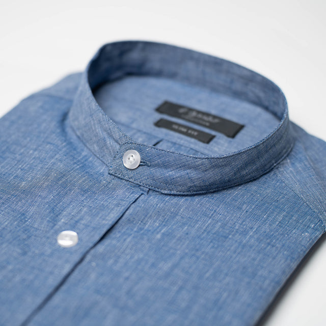 CHEMISE COL MAO BLEU FONCÉ EN LIN & COTON