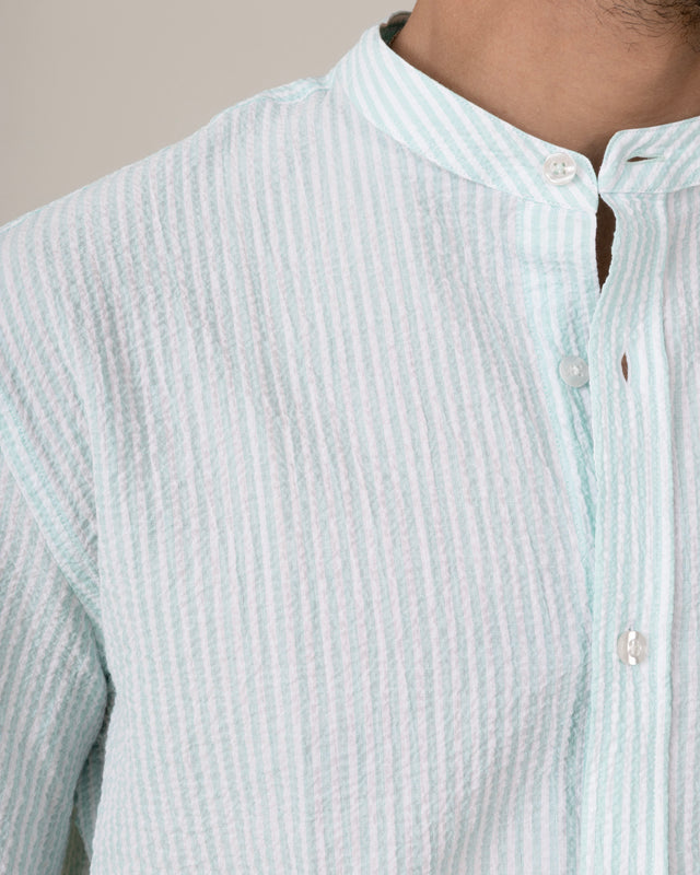 CHEMISE COL MAO EN SEERSUCKER À RAYURES VERTE