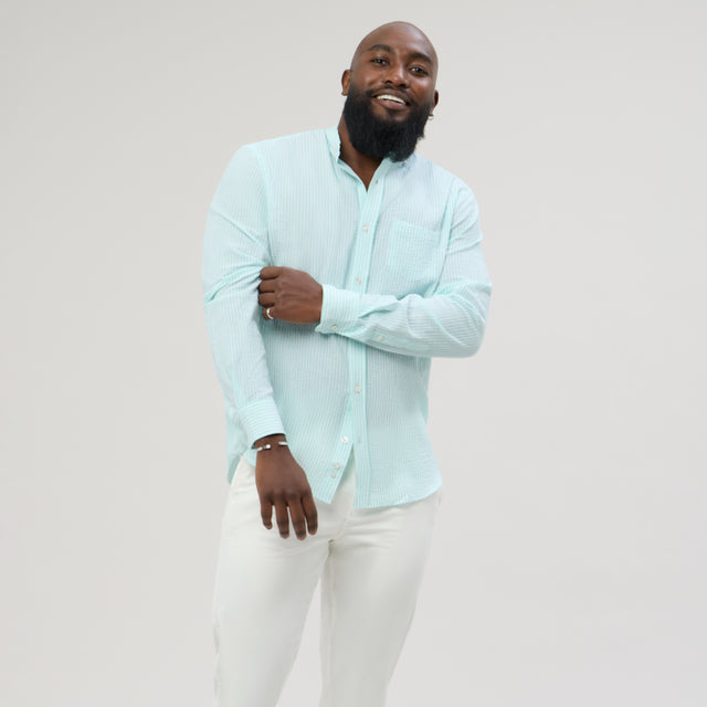 Chemise Col Mao en Seersucker à Rayures Verte