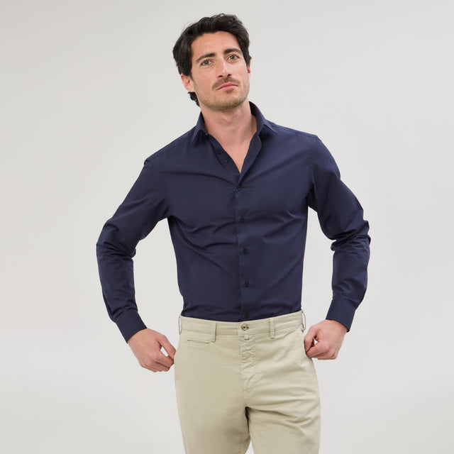 Chemise Col "Italien" en Popeline Bleu Marine avec Boutons Ton sur Ton
