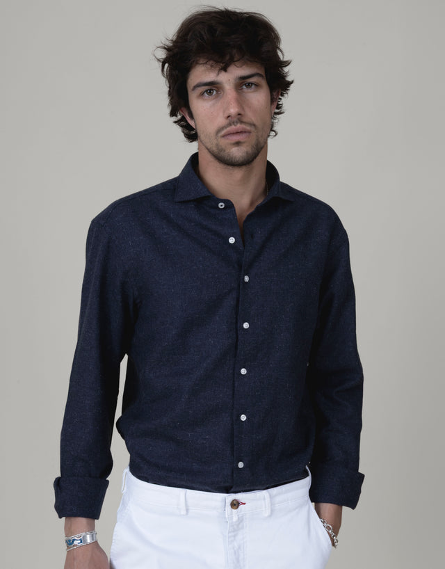 CHEMISE COL CUTAWAY CHINÉE EN LIN & COTON MARINE