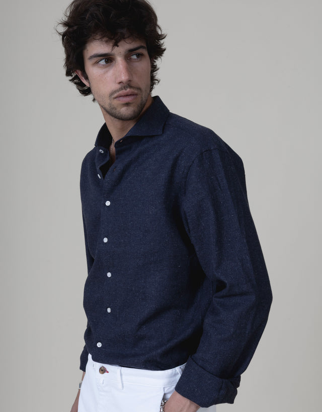 CHEMISE COL CUTAWAY CHINÉE EN LIN & COTON MARINE