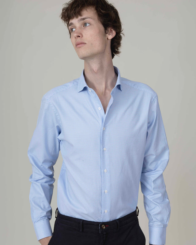 CHEMISE COL CUTAWAY À PETITS PIEDS DE POULES BLEU CIEL