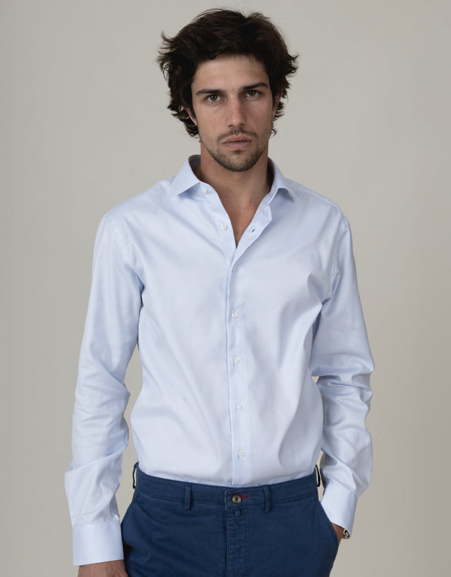 CHEMISE COL ITALIEN PIQUÉE BLEU CIEL