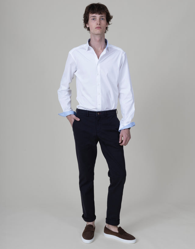 CHEMISE COL ITALIEN BLANCHE AVEC OPPOSITION EN PIEDS DE POULES BLEU