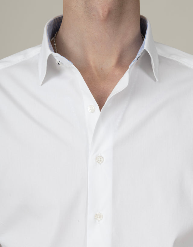 CHEMISE COL ITALIEN BLANCHE AVEC OPPOSITION EN PIEDS DE POULES BLEU