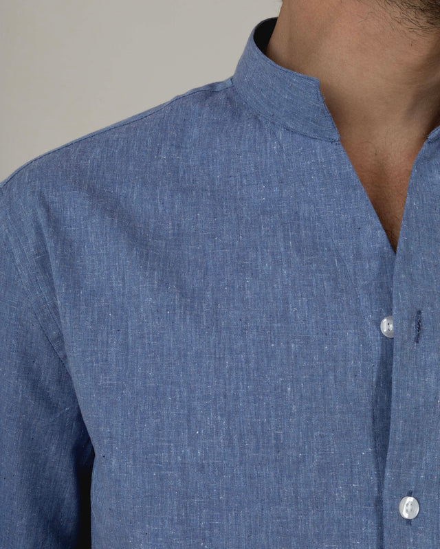 CHEMISE COL MONTE-CARLO EN COTON & LIN BLEU