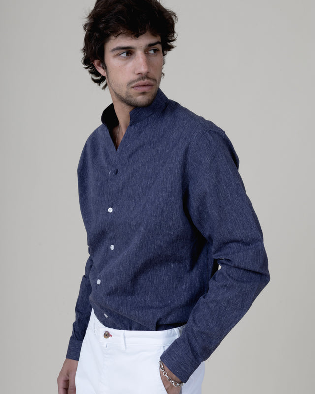CHEMISE COL MONTE-CARLO EN COTON & LIN BLEU FONCÉ