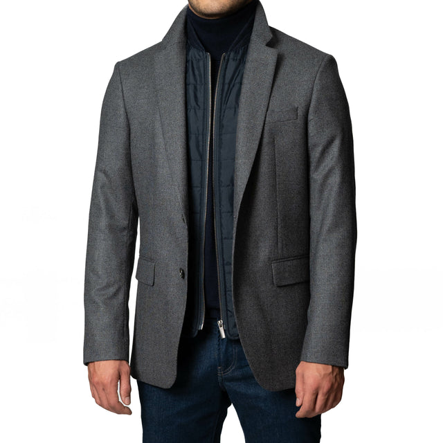 Veste "Malraux" en Laine à Pied de Poule Grise à Plastron Démontable