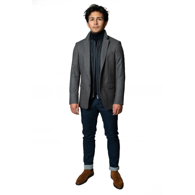 Veste "Malraux" en Laine à Pied de Poule Grise à Plastron Démontable